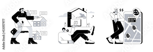 Real estate services abstract concept vector illustration set. Real estate agency, house for sale, house for rent, residential property market, rental listing, mortgage broker abstract metaphor.