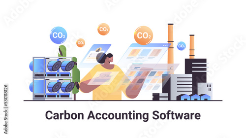 carbon accounting software concept businesswoman analyzing statistic data graphs responsibility of co2 emission