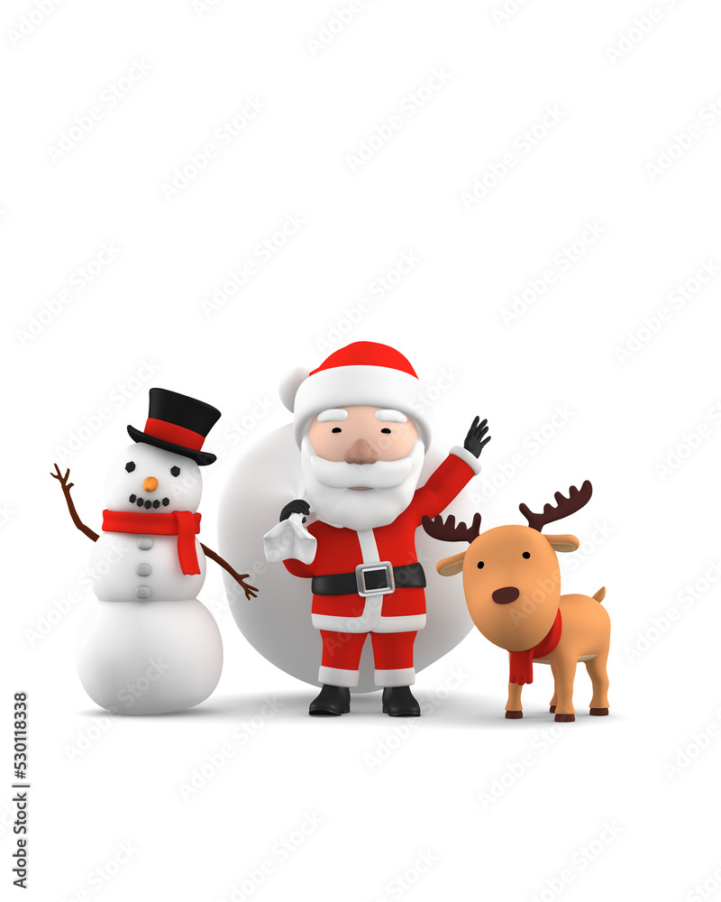 Santa Claus, reindeer and snowman on transparent background, 3D illustration