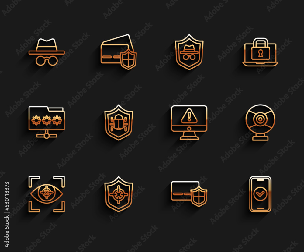 Set line Eye scan, Shield, Incognito mode, Credit card with shield, Smartphone, System bug, Security camera and Monitor exclamation mark icon. Vector Set line Eye scan, Shield, Incognito mode, Credit card with shield, Smartphone, System bug, Security camera and Monitor exclamation mark icon. Vector