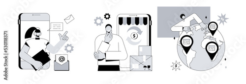 Retail ecommerce abstract concept vector illustration set. Custom service, returns and refunds, franchising, website live chat, user experience, product and service, trademark abstract metaphor.