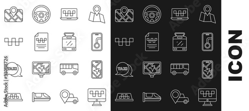 Set line Computer call taxi service, City map navigation, Laptop, Taxi driver license, car roof, Gps device with and Tram and railway icon. Vector