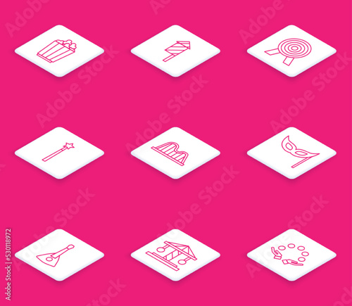 Set line Popcorn in box, Firework rocket, Target, Magic wand, Roller coaster, Festive mask, Balalaika and Attraction carousel icon. Vector