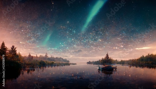 Photo beautiful landscape, lake, starry night, northern lights.