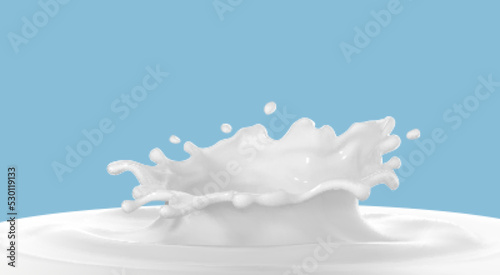 Milk crown splash, splashing in milk pool with blue background. Vector realistic illustration