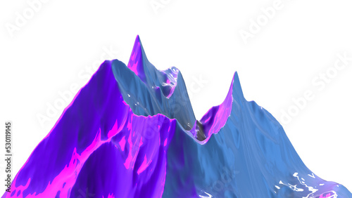 3d rendering clipart object. Futuristic landscape mountain in neon purple pink colors. Glossy geometric abstract png relief. Nature decoration. Cyber surreal element. Fantasy world