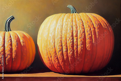 Painting of pumpkins on a wooden table