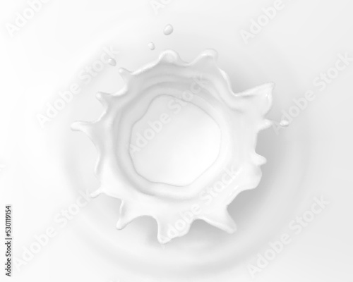 Milk crown splash, splashing in milk pool. Splashing milk top view. Vector realistic illustration