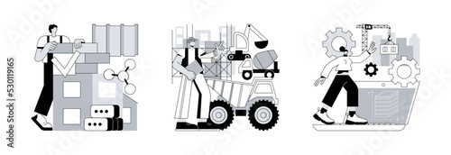 Construction technology innovation abstract concept vector illustration set. Innovative construction materials, modern machinery, building information modeling, project management abstract metaphor.