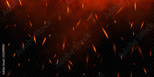 Realistic fire sparks on transparent background. Vector illustration of burning particles and smoke