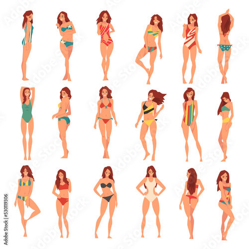 Young Woman in Swimsuit Having Slim Body Standing and Posing Big Vector Set