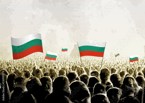 Crowd with the flags of Bulgaria, people cheering national team of Bulgaria. Ai generated illustration of crowd.