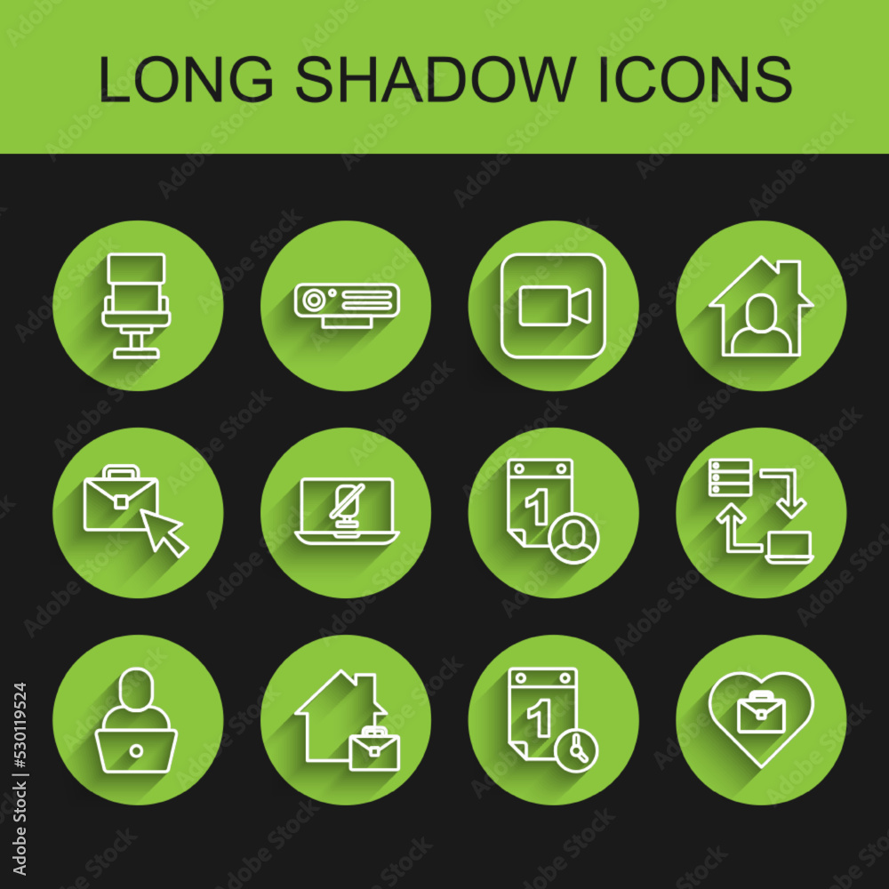Set line Freelancer, Online working, Office chair, Time management, Heart with text, Mute microphone on laptop, and icon. Vector Set line Freelancer, Online working, Office chair, Time management, Heart with text, Mute microphone on laptop, and icon. Vector