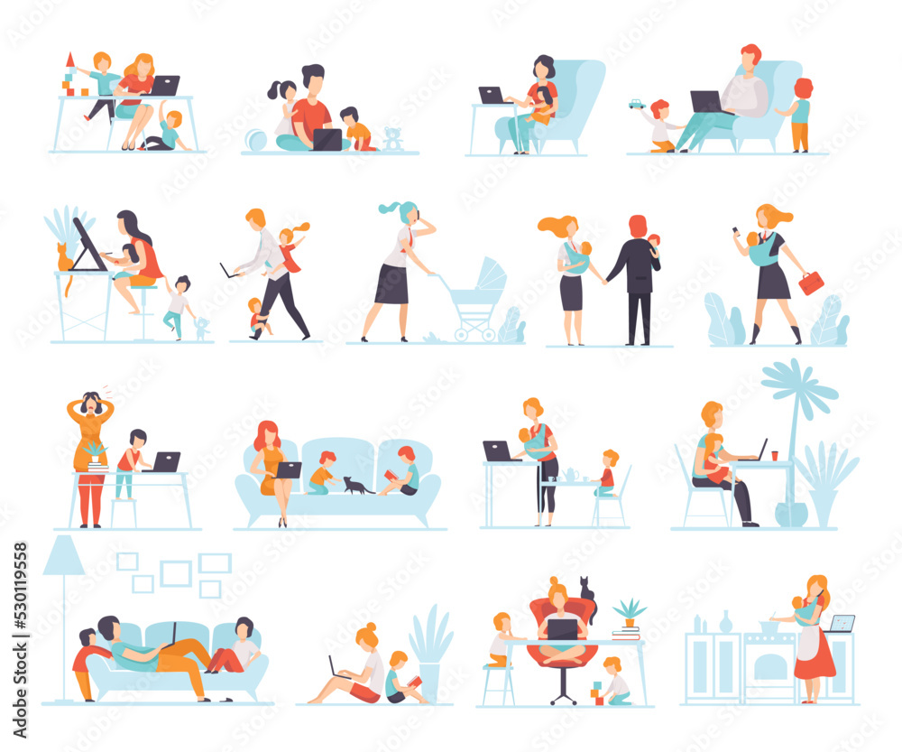 Man and Woman Parent Working from Home and Nursing Children Combining Job and Family Duty Big Vector Set