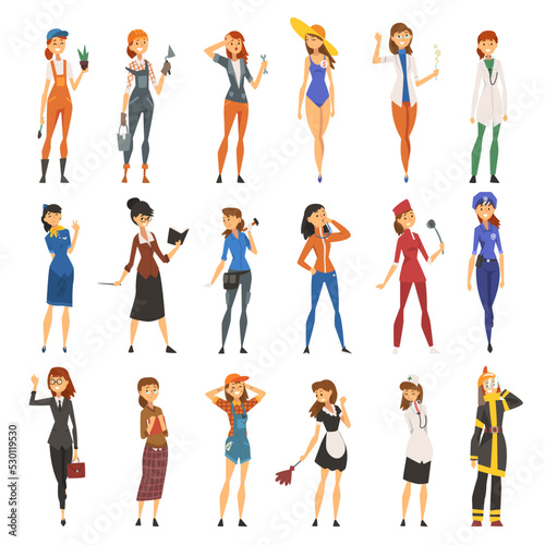 Woman Engaged in Different Profession as Gender or Sexual Equality Big Vector Set