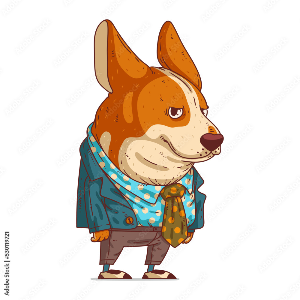 A Stylish Corgi, isolated vector illustration. Cute cartoon picture of a dog wearing a costume. Drawn animal sticker. An anthropomorphic dog on white background. A dressed animal. A hipster dog. Stock Vector | A Stylish Corgi, isolated vector illustration. Cute cartoon picture of a dog wearing a costume. Drawn animal sticker. An anthropomorphic dog on white background. A dressed animal. A hipster dog. Stock Vector |