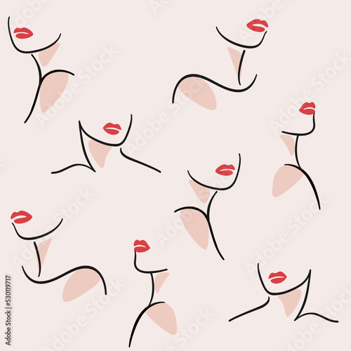Simple seamless pattern with silhouette of neck and red lips. Vector contour illustration for beauty salon, cosmetics.