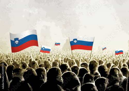 Crowd with the flags of Slovenia, people cheering national team of Slovenia. Ai generated illustration of crowd.