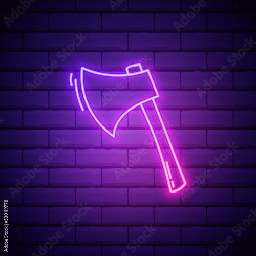 Axe neon icon. Gardening and agriculture concept. Vector sign for design, website, signboard, banner, advertisement isolated on brick wall background