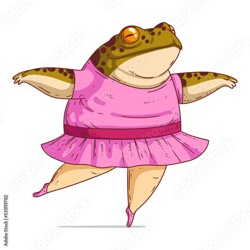 A Ballerina Frog, isolated vector illustration. Funny cartoon picture of a fat toad dancer wearing a pink ballet dress. Drawn animal sticker. An anthropomorphic toad on white. A dressed animal.