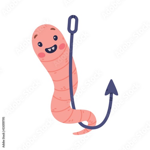 Funny Pink Worm Character with Long Body Hanging on Hook Vector Illustration