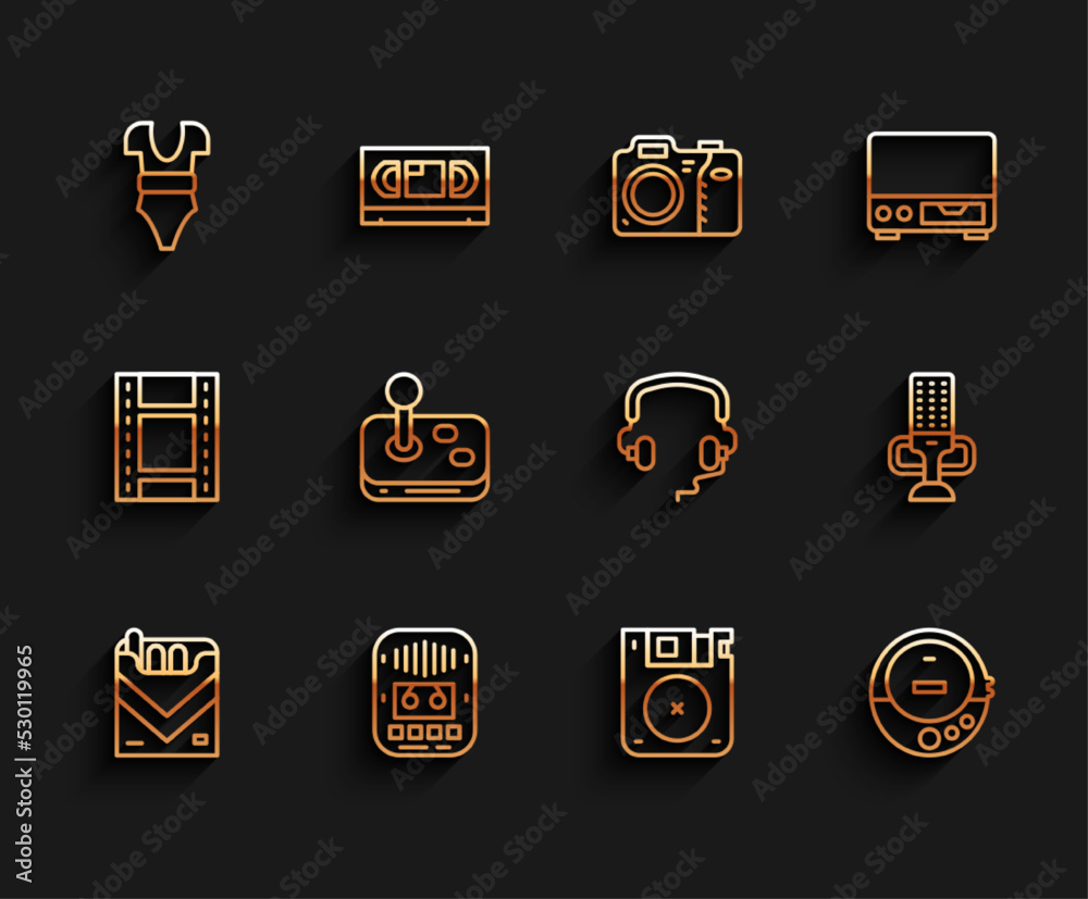 Set line Cigarettes pack box, Cassette tape player, Swimsuit, Floppy disk, Music CD, Joystick, Microphone and Headphones icon. Vector Set line Cigarettes pack box, Cassette tape player, Swimsuit, Floppy disk, Music CD, Joystick, Microphone and Headphones icon. Vector