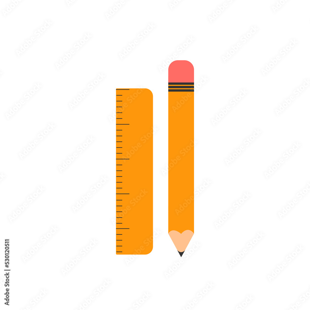 Orange Ruler and pencil simple school objects isolated on white background. Flat vector illustration, education, office, college, university, back to school Orange Ruler and pencil simple school objects isolated on white background. Flat vector illustration, education, office, college, university, back to school