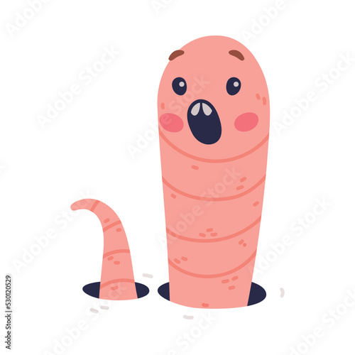 Funny Pink Worm Character with Long Tube Body Peeking from Hole Shouting Out Loud Vector Illustration