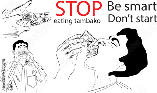 Stop eating Tobacco quotation poster sketch drawing, Stop eating gutka, and chewing tobacco line art vector illustration, Anti Tobacco cartoon doodle drawing
