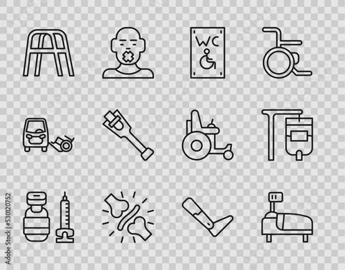 Set line Syringe, Hospital bed, Separated toilet for disabled, Joint pain, knee pain, Walker, Prosthesis leg, and IV bag icon. Vector