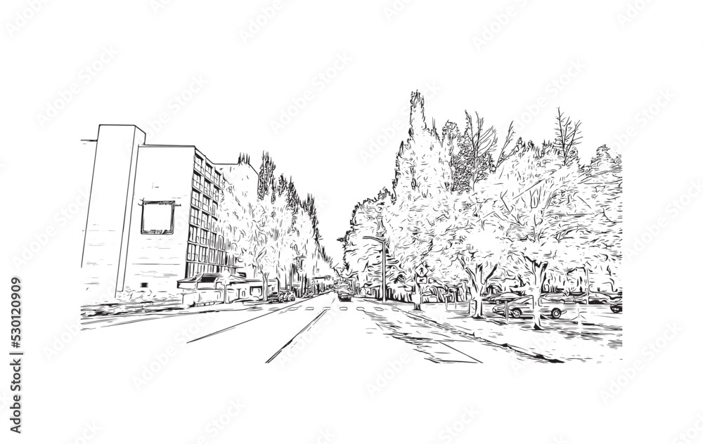Building view with landmark of Olympia is the 
city in Washington State. Hand drawn sketch illustration in vector.