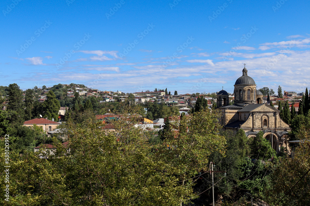 view of a cathedral and Kutaisi city from the Hill in Georgia 