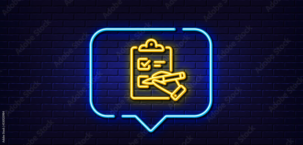 Neon light speech bubble. Checklist line icon. Clipboard document sign. Questioning survey symbol. Neon light background. Checklist glow line. Brick wall banner. Vector Neon light speech bubble. Checklist line icon. Clipboard document sign. Questioning survey symbol. Neon light background. Checklist glow line. Brick wall banner. Vector