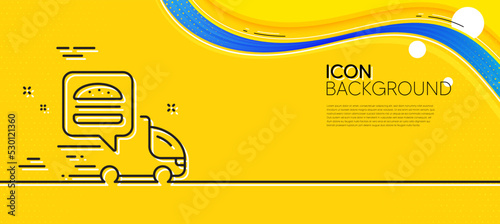 Food delivery truck line icon. Abstract yellow background. Contactless meal order sign. Grocery delivery symbol. Minimal food delivery line icon. Wave banner concept. Vector