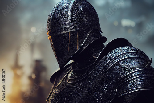 Knight in shining armor. Medieval 3D render. Epic warrior. Fantasy swordman. Middle age soldier with plated armor. Fantasy illustration. photo