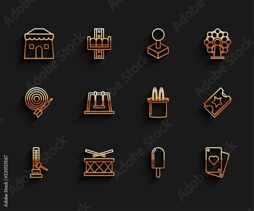 Set line High striker attraction with big hammer, Drum drum sticks, Circus tent, Ice cream, Playing card, Swing, Ticket and Magician hat and rabbit ears icon. Vector
