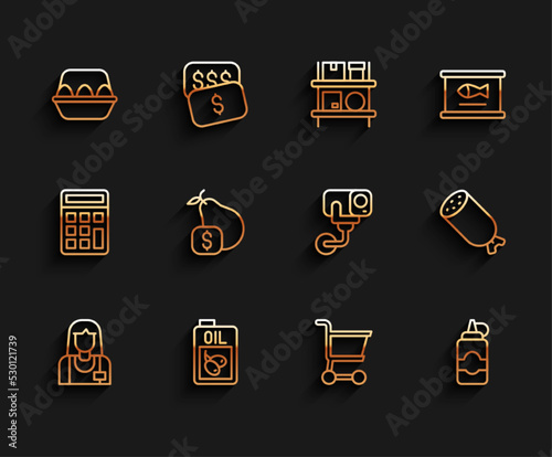 Set line Seller, Bottle of olive oil, Chicken egg in box, Shopping cart, Sauce bottle, Price tag for pear, Salami sausage and Security camera icon. Vector