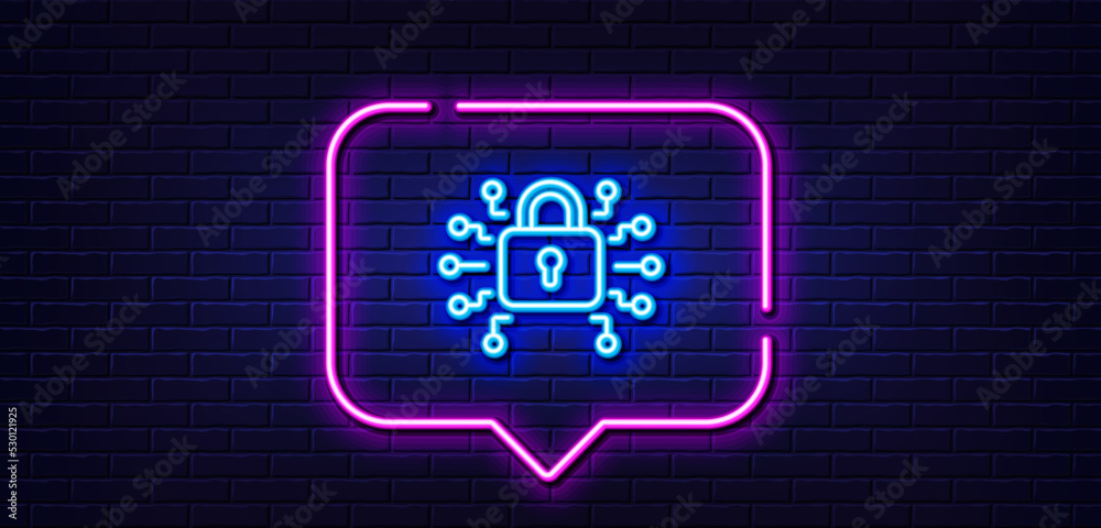 Neon light speech bubble. Security lock line icon. Cyber defence sign. Private protection symbol. Neon light background. Security lock glow line. Brick wall banner. Vector Neon light speech bubble. Security lock line icon. Cyber defence sign. Private protection symbol. Neon light background. Security lock glow line. Brick wall banner. Vector