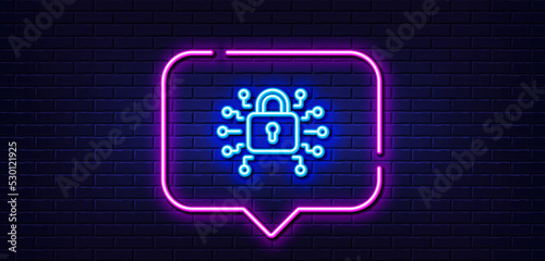 Neon light speech bubble. Security lock line icon. Cyber defence sign. Private protection symbol. Neon light background. Security lock glow line. Brick wall banner. Vector