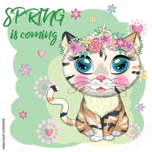 Cartoon cat with a wreath. Spring is coming. Cute child character, symbol of 2023 new chinese year