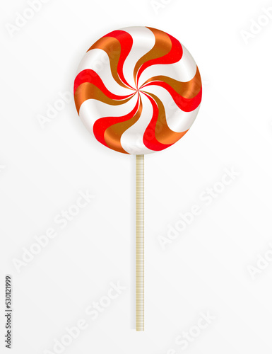 Sweet twisted candy lollipop with Halloween striped pattern on wooden stick isolated on white background. Realistic vector cartoon illustration.