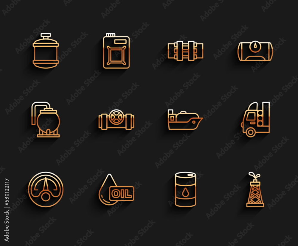 Set line Motor gas gauge, Oil drop, Propane tank, Barrel oil, rig, Metallic pipes and valve, Gas for vehicle and tanker ship icon. Vector Set line Motor gas gauge, Oil drop, Propane tank, Barrel oil, rig, Metallic pipes and valve, Gas for vehicle and tanker ship icon. Vector