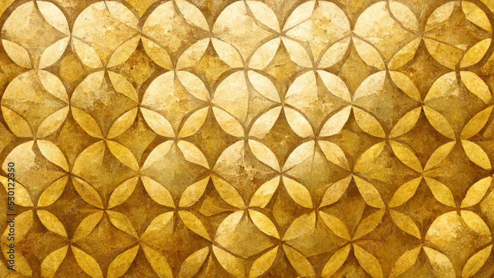 Illustrated background with the feeling of ancient murals with repeated gold glint symbols