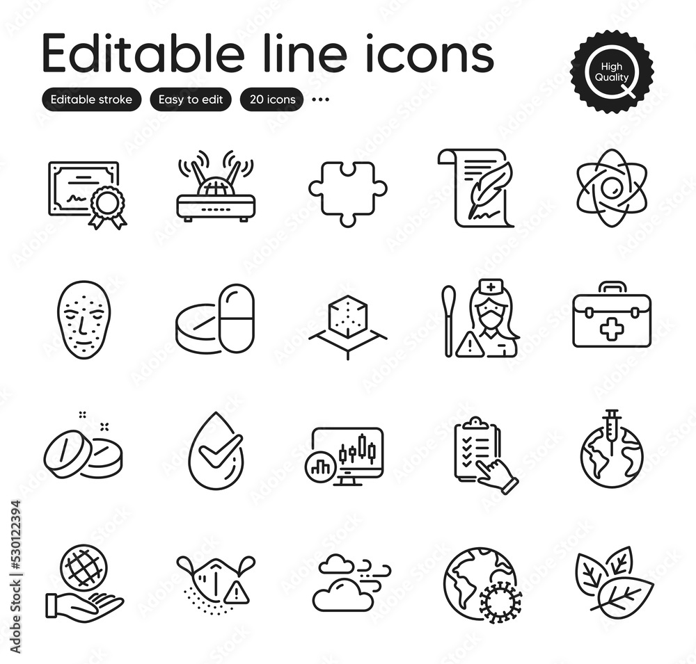 Set of Science outline icons. Contains icons as Puzzle, Medical tablet and Augmented reality elements. Organic tested, First aid, Safe planet web signs. Atom core, Coronavirus. Vector