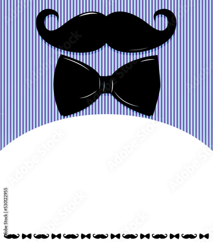A postcard with a black mustache and a bow tie on a blue striped background. For men.