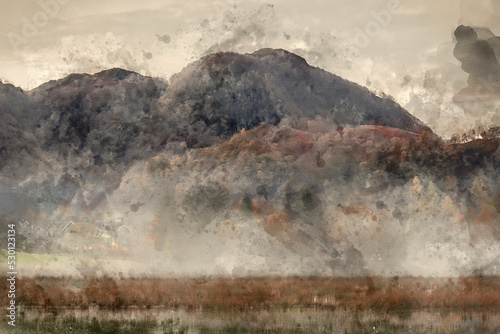 Digital watercolour painting of Stunning Autumn landscape sunrise image looking towards Borrowdale Valley from Manesty Park in Lake District with fog rolling across the landscape photo