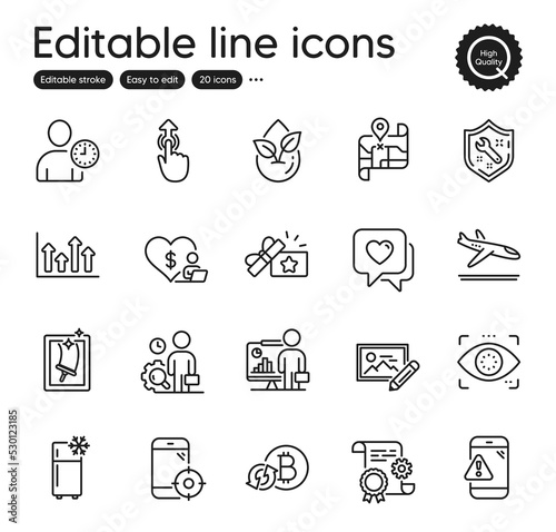 Set of Business outline icons. Contains icons as Swipe up, Volunteer and Warning message elements. Refrigerator, Eye detect, Arrivals plane web signs. Upper arrows, Organic product. Vector