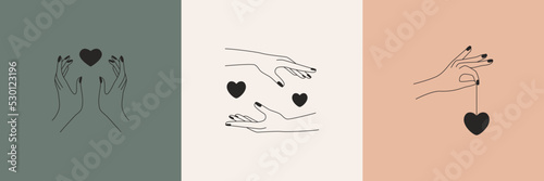 Abstract linear logo design. Minimal boho hands hearts symbols for fashion beauty products. Vector illustration