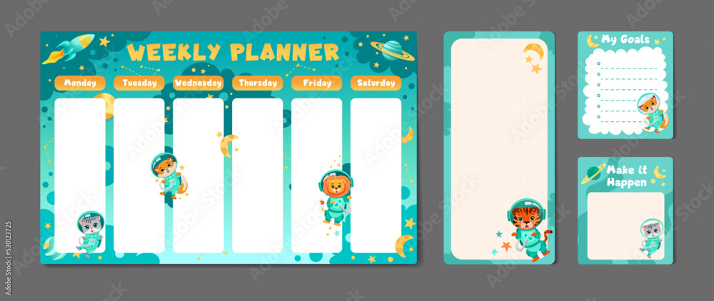 Cute set of printable weekly or daily planner, note paper design, school timetable, organizer template and to do list with cute animals astronauts, planets and stars. Vector cartoon illustration