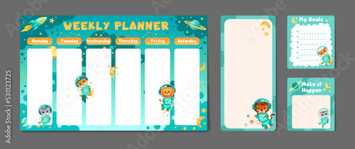 Cute set of printable weekly or daily planner, note paper design, school timetable, organizer template and to do list with cute animals astronauts, planets and stars. Vector cartoon illustration